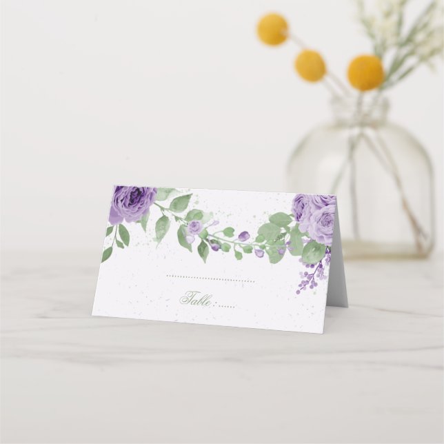 beautiful purple flowers green leaves botanical place card (Front)