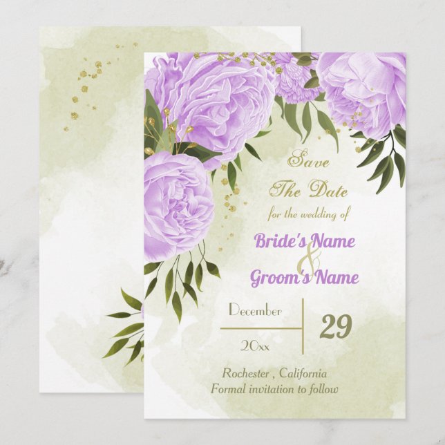 beautiful purple flowers green leaves botanical  save the date (Front/Back)