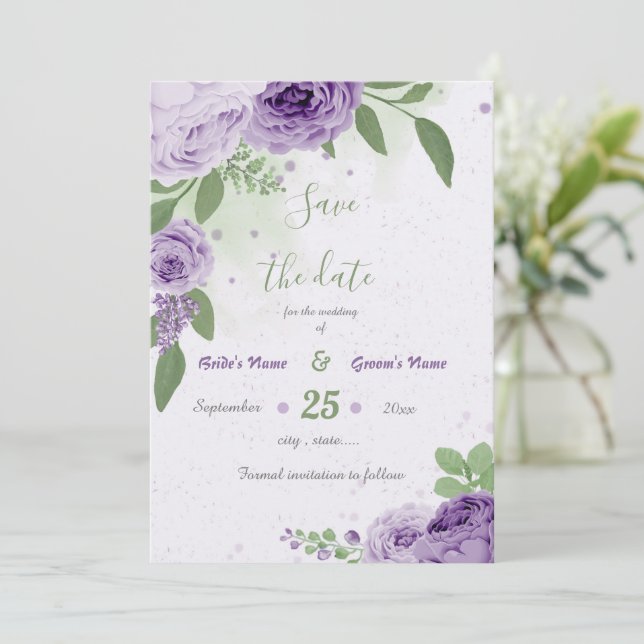 beautiful purple flowers green leaves botanical save the date (Standing Front)