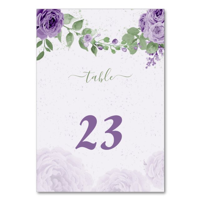 beautiful purple flowers green leaves botanical table number (Front)