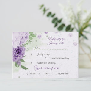 beautiful purple flowers green leaves meal choice RSVP card