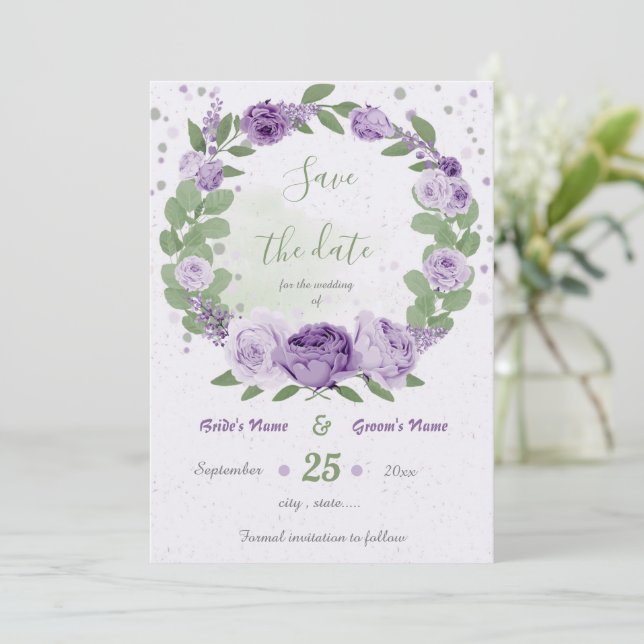 beautiful purple flowers green leaves  save the date (Standing Front)