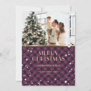 Beautiful Purple Gold Buffalo Plaid Photo Holiday Card