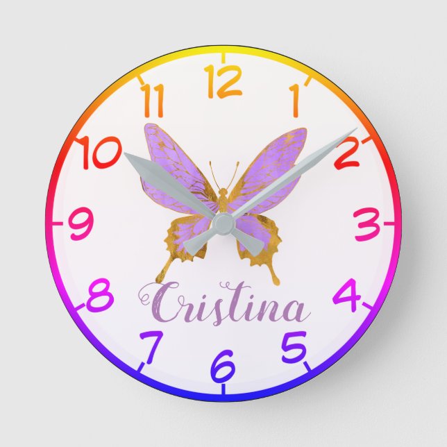 Beautiful Purple & Gold Butterfly Round Clock (Front)