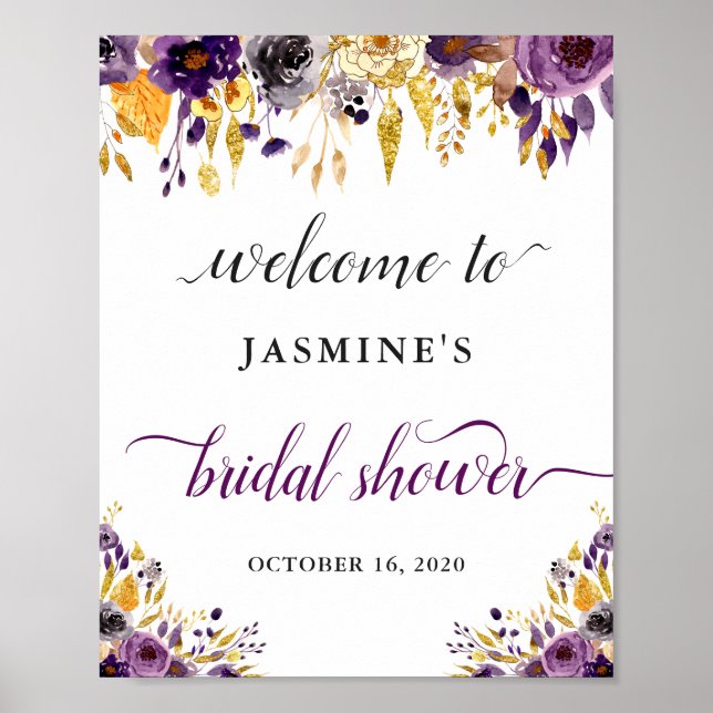 Beautiful Purple Gold Floral Bridal Shower Sign (Front)
