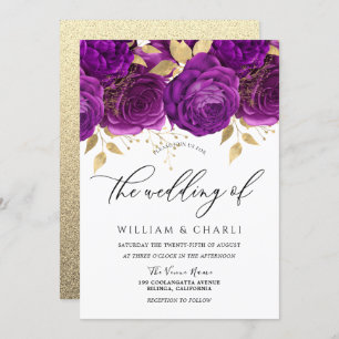 Beautiful Purple & Gold Floral Sparkle Wedding Invitation