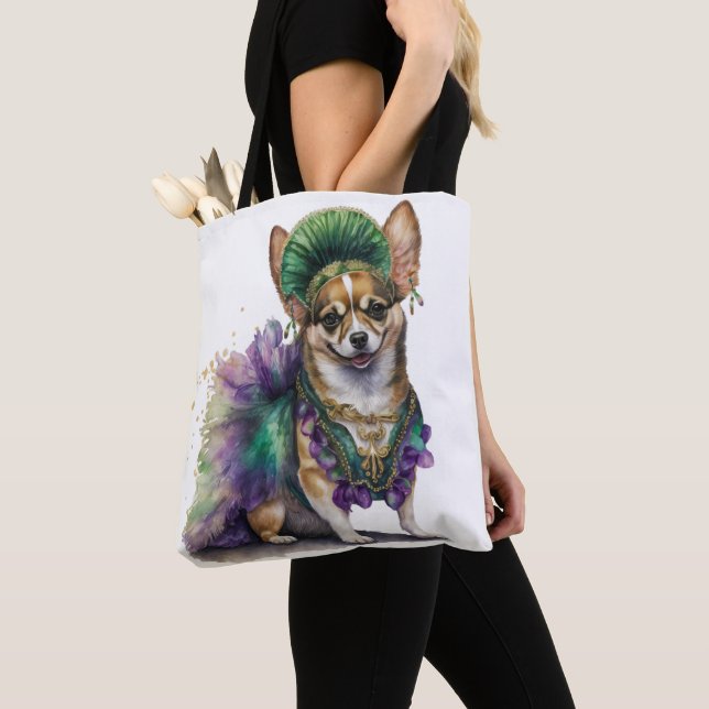 BEAUTIFUL PURPLE GREEN GOLD MARDI GRAS PUPPY DOG TOTE BAG (Close Up)