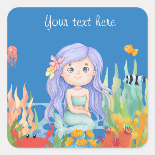 Beautiful PURPLE HAIR mermaid playing in the sea Square Sticker