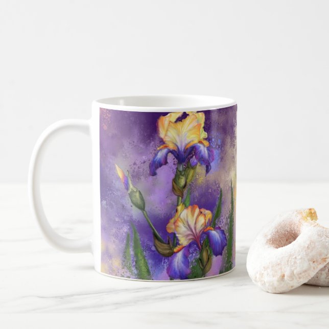 Beautiful Purple Iris Flower Coffee Mug - Painting (With Donut)