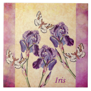 Beautiful Purple Iris Flowers and Butterfly Tile