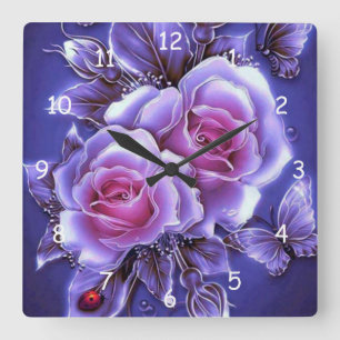 Beautiful Purple Neon Rose and Lady Bug Square Wall Clock