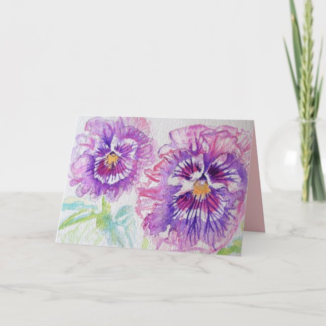 Beautiful Purple Pansy flowers Watercolour Card (Front)
