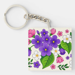 Beautiful Purple, Pink, and White Floral Design Key Ring