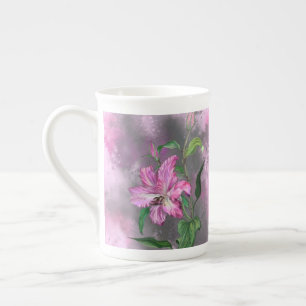 Beautiful Purple Pink Lily Flower Migned Painting Bone China Mug