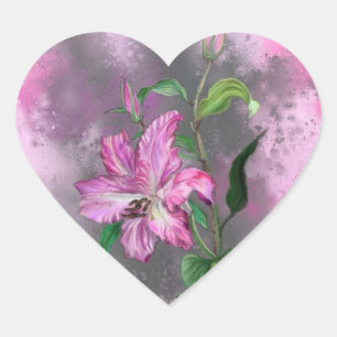 Beautiful Purple Pink Lily Flower Migned Painting Heart Sticker