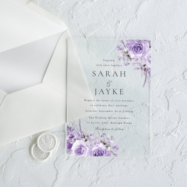 Beautiful Purple Roses Elegant Wedding Acrylic Invitations (Creator Uploaded)
