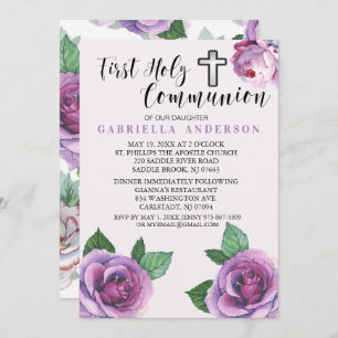 Beautiful Purple Roses First Holy Communion Invitation