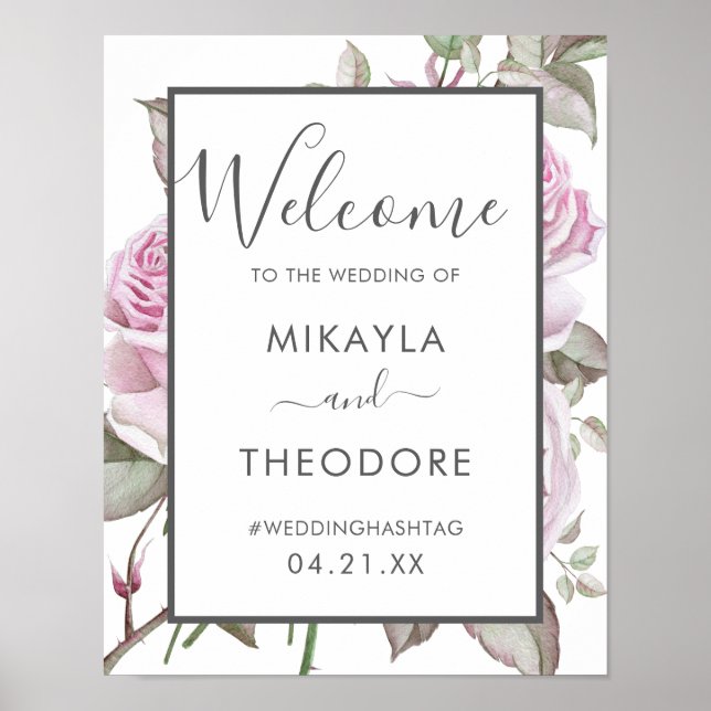 Beautiful Purple Roses Wedding Welcome Sign (Front)