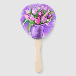 Beautiful Purple Tulips In Purple Flower Pot Hand Fan