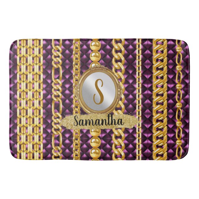 Beautiful Purple Velvet Gold Monogram Elegant Chic Bath Mat (Front)