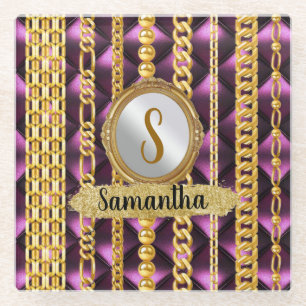 Beautiful Purple Velvet Gold Monogram Elegant Chic Glass Coaster