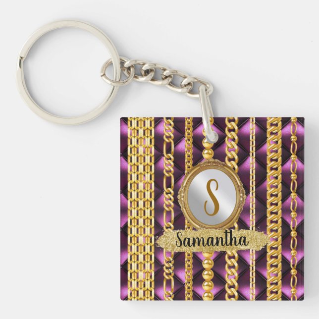 Beautiful Purple Velvet Gold Monogram Elegant Chic Key Ring (Front)