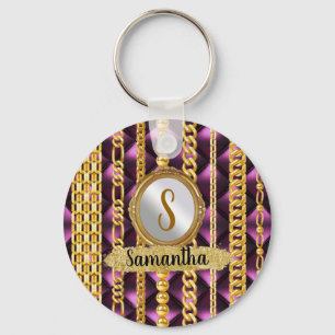 Beautiful Purple Velvet Gold Monogram Elegant Chic Key Ring