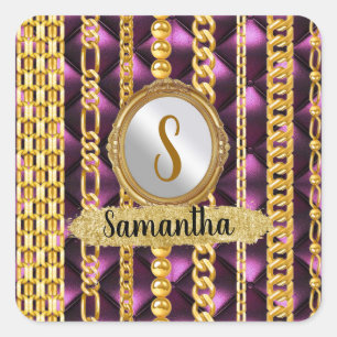 Beautiful Purple Velvet Gold Monogram Elegant Chic Square Sticker
