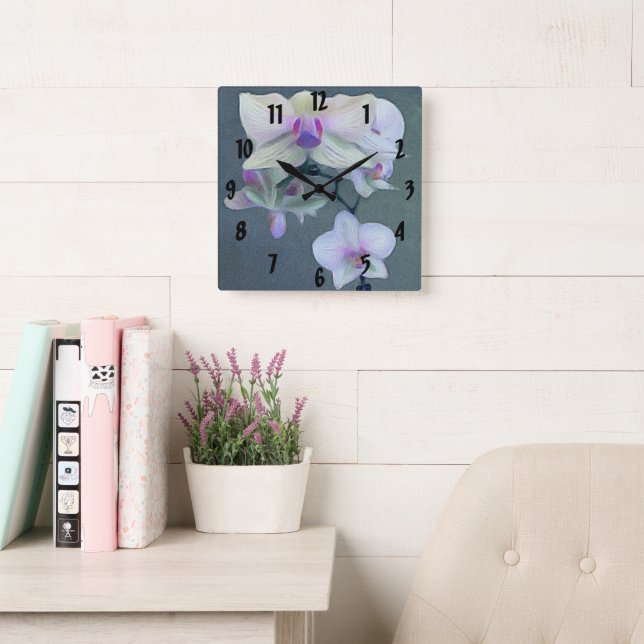 Beautiful Purple White Tropical Orchid Flowers Square Wall Clock (Reading Room)