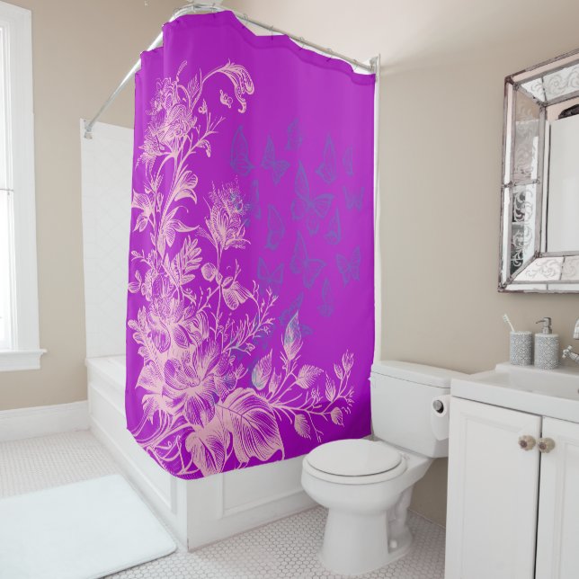 Beautiful Purple Wild Floral and Butterflies  Shower Curtain (In Situ)