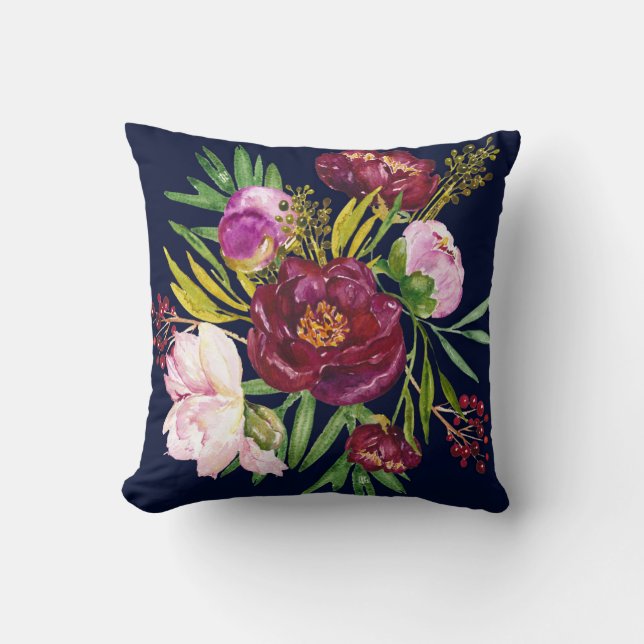 Beautiful Purple Wine and Pink Peonies on Navy Cushion (Front)