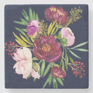 Beautiful Purple Wine and Pink Peonies on Navy Stone Coaster