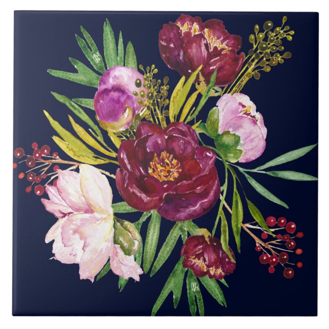 Beautiful Purple Wine and Pink Peonies on Navy Tile (Front)