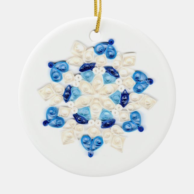 Beautiful Quilled Blue and White Snowflake Design Ceramic Ornament (Front)