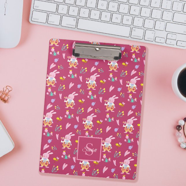 Beautiful Rabbit & Bee Garden Magenta Monogram  Clipboard (Creator Uploaded)