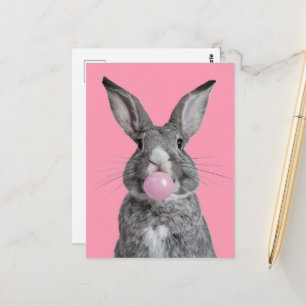 Beautiful Rabbit Chewing Pink Bubble Gum Postcard