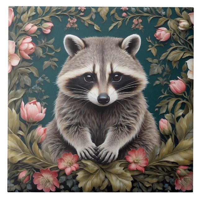 Beautiful Racoon Pink Floral Ceramic Tile (Front)