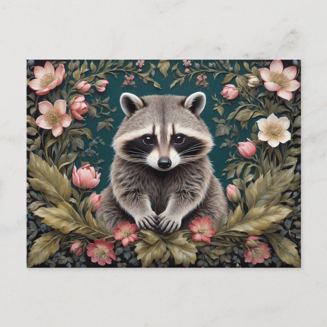 Beautiful Racoon Pink Floral Postcard (Front)