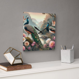 Beautiful Rain Forest with Peacocks Wall Clock