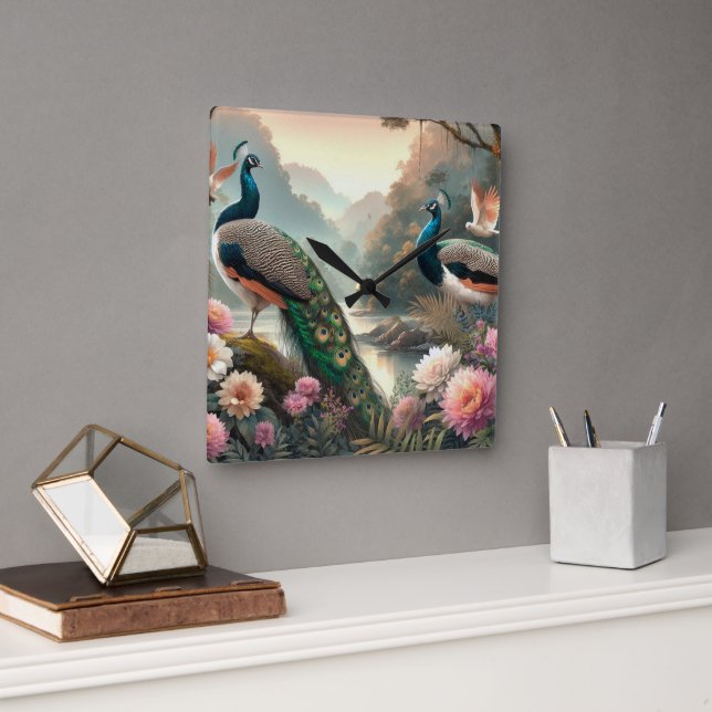 Beautiful Rain Forest with Peacocks Wall Clock (Office)
