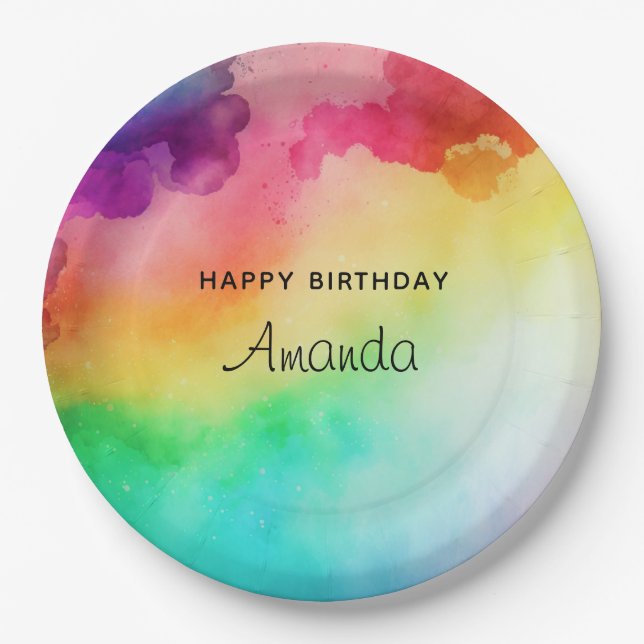 Beautiful Rainbow Colours Abstract Design Birthday Paper Plate (Front)
