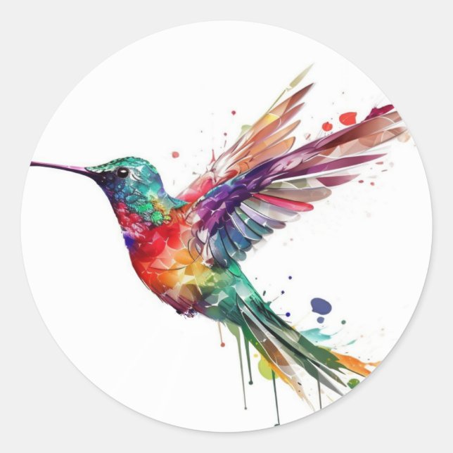 Beautiful Rainbow Hummingbird with Splatter Effect Classic Round Sticker (Front)