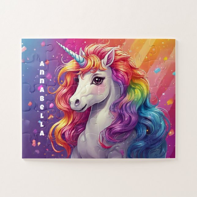 Beautiful Rainbow Mane Unicorn Personalised Jigsaw Puzzle (Horizontal)