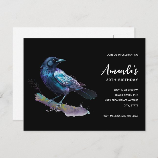 Beautiful Raven on a Tree Branch Birthday Invitation Postcard (Front/Back)