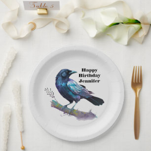Beautiful Raven on a Tree Branch Birthday Paper Plate