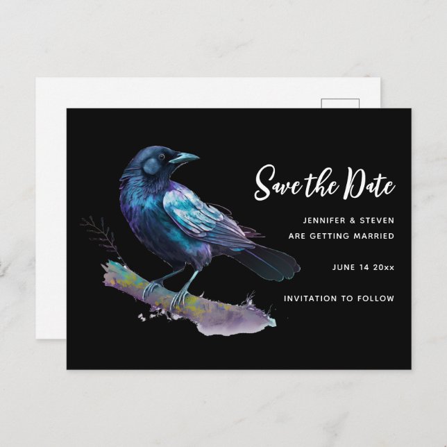 Beautiful Raven on a Tree Branch Save the Date Invitation Postcard (Front/Back)