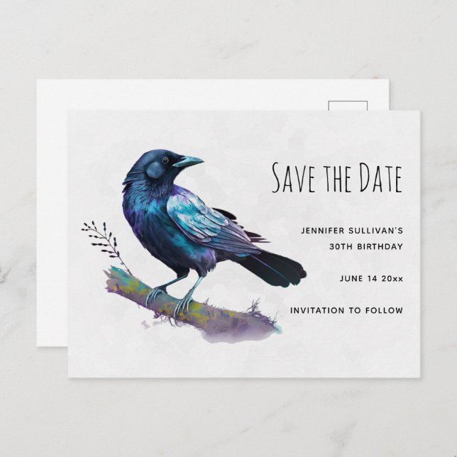 Beautiful Raven on a Tree Branch Save the Date Invitation Postcard (Front/Back)