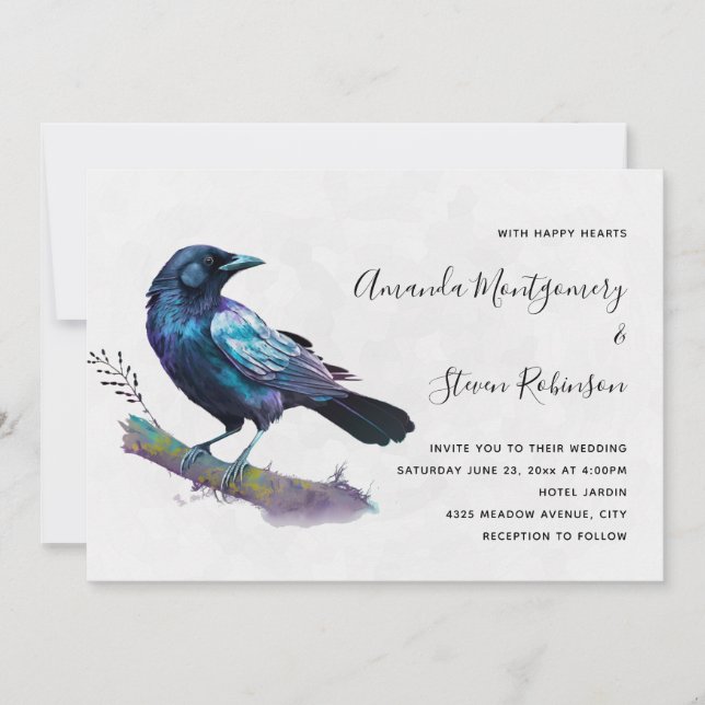 Beautiful Raven on a Tree Branch Wedding Invitation (Front)