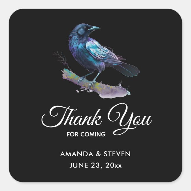 Beautiful Raven on a Tree Branch Wedding Thank You Square Sticker (Front)