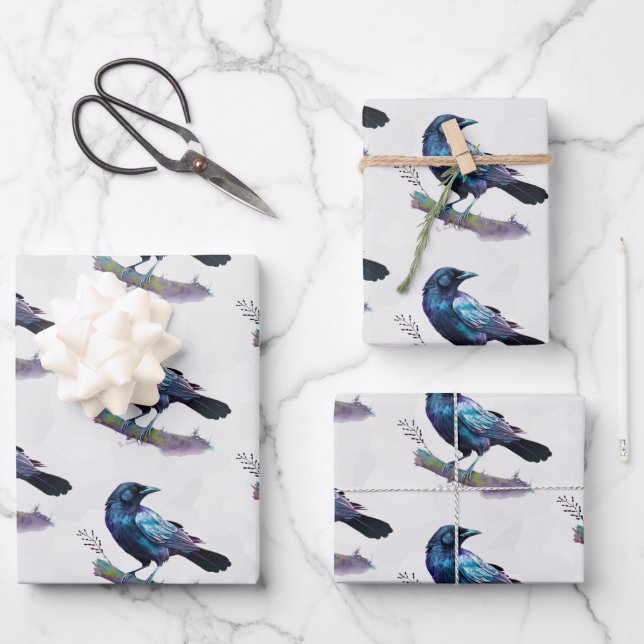 Beautiful Raven on a Tree Branch Wrapping Paper Sheet (Front)